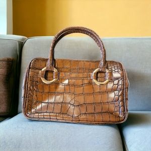 VTG Antonio Melani Purse Handbag Croc Embossed Brown Leather‎ Green Lining